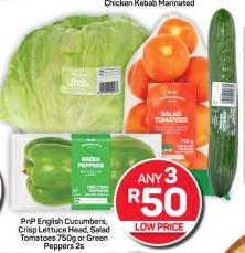 PnP English Cucumbers, Crisp Lettuce Head, Salad Tomatoes 750g or Green Peppers 2s Any 3