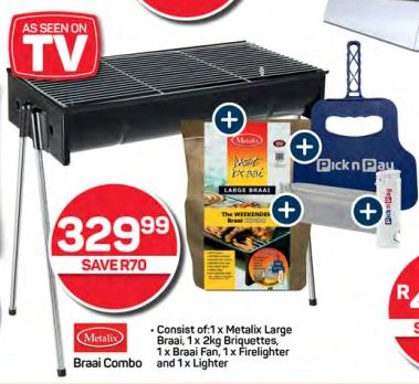 Metalix Braai Combo - Consist of 1x Metals Large 1x 2kg Briquettes 1x Braai Fan 1x Firelighter and 1x Lighter