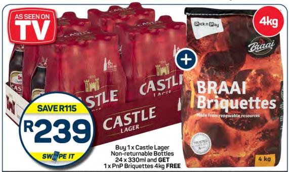 Buy 1 x Castle Lager Non-returnable Bottles 24 x 330ml and GET 1x PnP Briquettes 4kg FREE