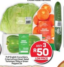 PnP English Cucumbers, Crisp Lettuce Head, Salad Tomatoes 750g or Green Peppers 2s Any 3