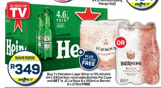 Buy 1 x Heineken Lager Silver or 0% Alcohol 24 x 330ml Non-returnable Bottles Per Case and GET 1x JC Le Roux 6 x 250mi or Bernini 6x275ml FREE