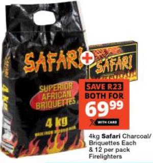 4kg Safari Charcoal Briquettes & 12 per pack Firelighters 