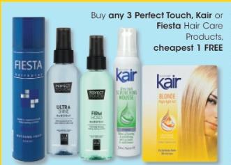 Buy any 3 Perfect Touch, Kair or Fiesta Hair Care Products cheapest 1 FREE