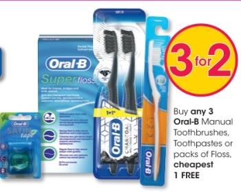 Buy any 3 Oral-B Manual Toothbrushes, Toothpastes or packs of Floss cheapest 1 FREE