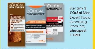 Buy any 3 L'Oréal Men Expert Facial Grooming Products, cheapest 1 FREE