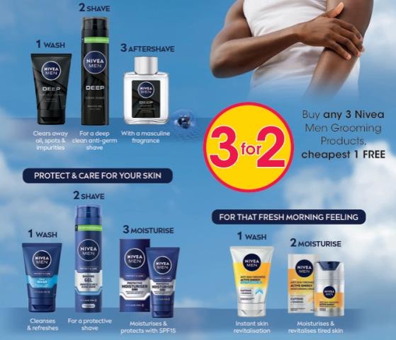 Buy any 3 Nivea Men Grooming Products, cheapest 1 FREE