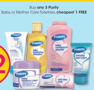 Buy any 3 Purity Baby Or Mother Care Toiletries cheapest 1 free 