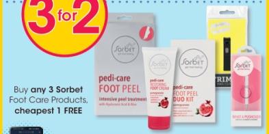 Buy any 3 Sorbet Foot Care Products. cheapest 1 FREE  