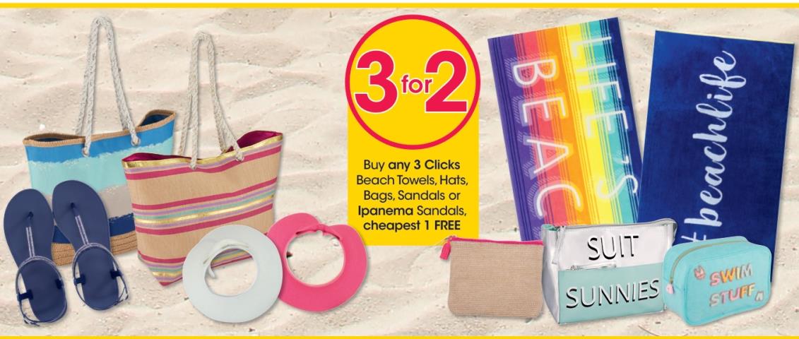 Buy any 3 Clicks Beach Towels, Hats, Bags, Sandals or Ipanema Sandals, cheapest 1 FREE