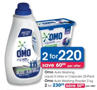 Omo Auto Washing Liquid 2 Litres or Capsules 22-Pack Omo Auto Washing Powder 3 kg 