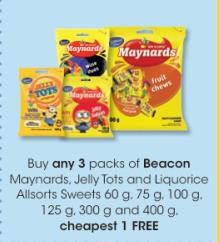 Buy any 3 packs of Beacon Maynards, Jelly Tots and Liquorice Allsorts Sweets 60 g, 75 g, 100 g, 125 g, 300 g and 400 g, cheapest 1 FREE