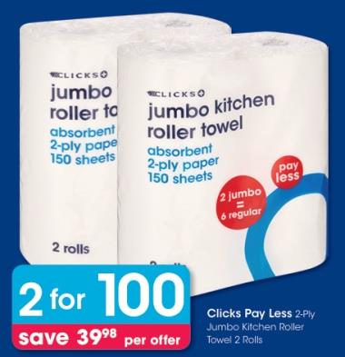 Clicks Pay Less Jumbo Kitchen Roller Towel  2 rolls