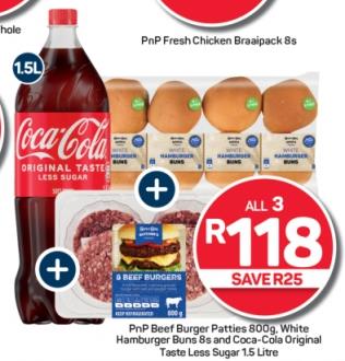 PnP Beef Burger Patties 800g, White Hamburger Buns 8s and Coca-Cola Original Taste Less Sugar 1.5 Litre