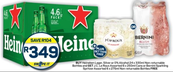 BUY Heineken Lager, Silver or 0% Alcohol 24 x 330ml Non-returnable Bottles and GET J.C. Le Roux GET J.C. Le Roux Assorted 6 x 250ml Cans or Bem emini Sparkling Spritzer Assor rted 6: x275ml Non-returnable Botties FREE