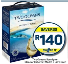 Two Oceans Sauvignon Blanc or Cabernet Merlot 3 Litre Each