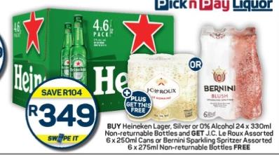 BUY Heineken Lager, Silver or 0% Alcohol 24 x 330ml Non-returnable Bottles and GET J.C. Le Roux Assorted 6x 250ml Cans ans or Bernini Sparkling Spritzer Assorted 6: x275ml Non-returnable Botties FREE 