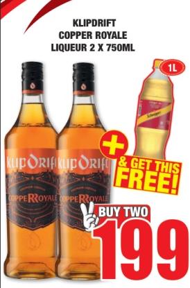 Klipdrift Copper Royale Liqueur 2 x 750ml   +1ltr Schweppes tonic free 