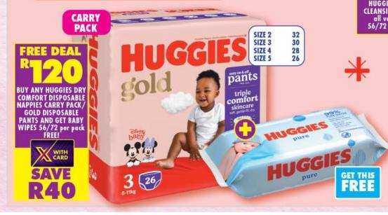 Buy Any Huggies Dry Comfort Disposable Nappies Carry Pack Gold Disposable Pants And Get Baby Wipes 56/72 per Pack Free