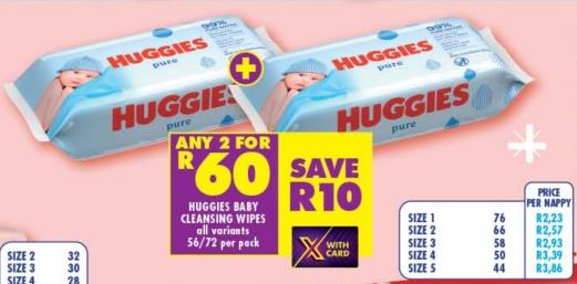 Any 2 Huggies Baby Cleansing Wipes All Variants 56/72 Per Pack