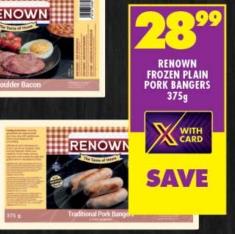 Renown Frozen Plain Pork Bangers 375g