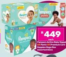 Pampers Active Baby Nappies OR Pants OR Premium Care Nappies Mega Box Assorted Sizes