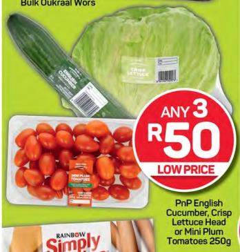 PnP English Cucumber, Crisp Lettuce Head or Mini Plum Tomatoes 250g Any 3