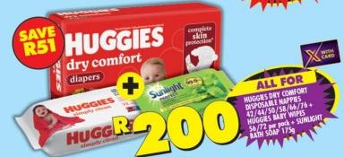 Huggies Dry Comfort Disposable Nappies + Huggies Baby Wipes + Sunlight Bath Soap