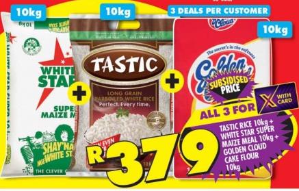 Tastic Rice 10kg + White Star Super Maize Meal 10kg + Golden Cloud Cake Flour 10kg