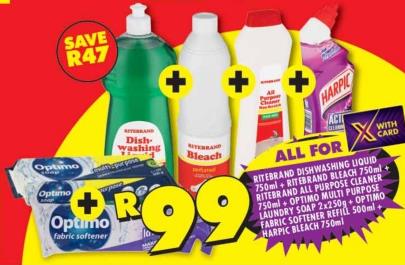 Ritebrand Dishwashing Liquid 750ml, Ritebrand Bleach 750ml, Ritebrand All Purpose Cleaner 750ml, Optimo Multi Purpose Laundry Soap 2x250g, Optimo Fabric Softener Refill 500ml, Harpic Bleach 750ml