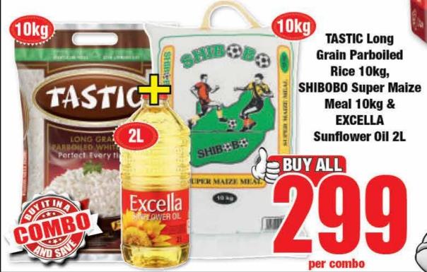 TASTIC Long Grain Parboiled Rice 10kg, SHIBOBO Super Maize Meal 10kg & EXCELLA Sunflower Oil 2L