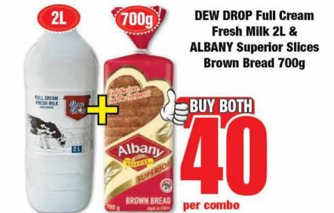 DEW DROP Full Cream Fresh Milk 2L & ALBANY Superior Slices Brown Bread 700g