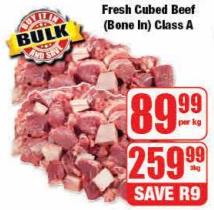 Fresh Cubed Beef (Bone In) Class A 3kg