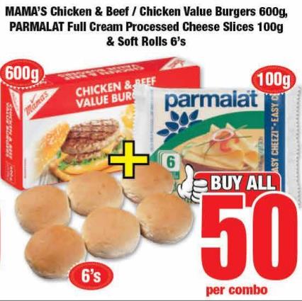 MAMA'S Chicken & Beef / Chicken Value Burgers 600g, PARMALAT Full Cream Processed Cheese Slices 100g & Soft Rolls 6's