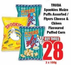 TRUDA Spookies Maize Puffs Assorted / Flyers Cheese & Chives Flavoured Puffed Corn 