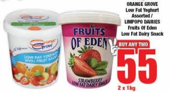 ORANGE GROVE Low Fat Yoghurt Assorted / LIMPOPO DAIRIES Fruits Of Eden Low Fat Dairy Snack 2 x 1kg