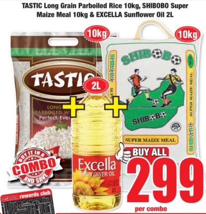 Tastic Long Grain Parboiled Rice 10kg, Shibobo Super Maize Meal 10kg & Excella Sunflower Oil 2L Combo 