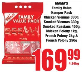 MAMA'S Family Value Hamper Pack: Chicken Viennas 330g, Smoked Viennas 330g, Smoked Russians 450g, Chicken Polony 1kg, French Polony 2kg & French Polony 250g