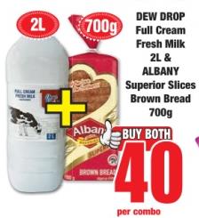 DEW DROP Full Cream Fresh Milk 2L &  ALBANY Superior Slices Brown Bread 700g 