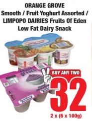 ORANGE GROVE Smooth / Fruit Yoghurt Assorted / LIMPOPO DAIRIES Fruits Of Eden Low Fat Dairy Snack Buy any 2 