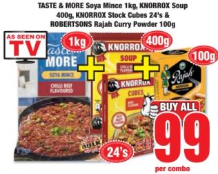 Taste & More Soya Mince Assorted 1kg, Knorrox Soup 400g, KNORROX Stock Cubes  24's &  ROBERTSONS Rajah Curry Powder Assorted 100g 