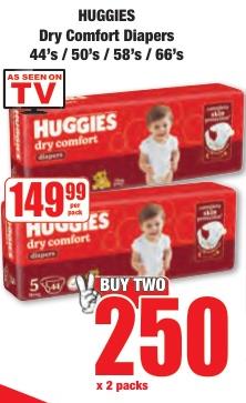 HUGGIES Dry Comfort Diapers 44's / 50's / 58's / 66's