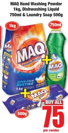 MAQ Hand Washing Powder 1kg, Dishwashing Liquid 750ml & Laundry Soap  500g