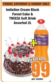 Imitation Cream Black Forest Cake & TWIZZA Soft Drink Assorted 2L