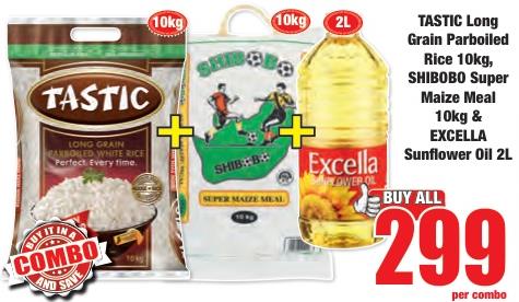 TASTIC Long Grain Parboiled Rice 10kg, SHIBOBO Super Maize Meal 10kg & EXCELLA Sunflower Oil  2L