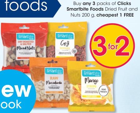 Buy Any 3 Pack Of Clicks Smartbite Foods Dried Fruit And Nuts 200g Cheapest 1 Free