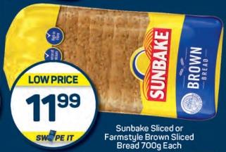 Sunbake Sliced or Farmstyle Brown Sliced Bread 700g Each