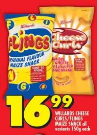 WILLARDS CHEESE CURLS/FLINGS MAIZE SNACK all variants 150g each