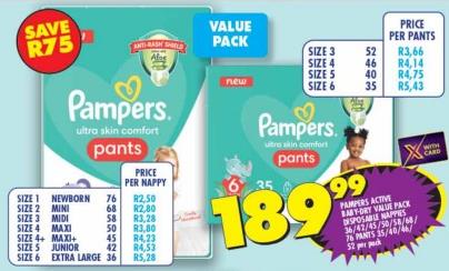 Pampers Active Baby-Dry Value Pack Disposable Nappies 36/42/45/50/58/68/76 Pants 35/40/46/52 Per Pack