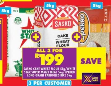 Sasko Cake Wheat Flour 5kg/White Star Super Maize Meal 5kg/Spekko Long Grain Parboiled Rice 5kg