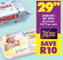 Johnson's Wet Wipes all variants 56/72 Per Pack